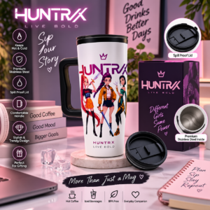 HUNTRX Printed Stainless Steel Travel Tumbler with Handle & Lid – White colour